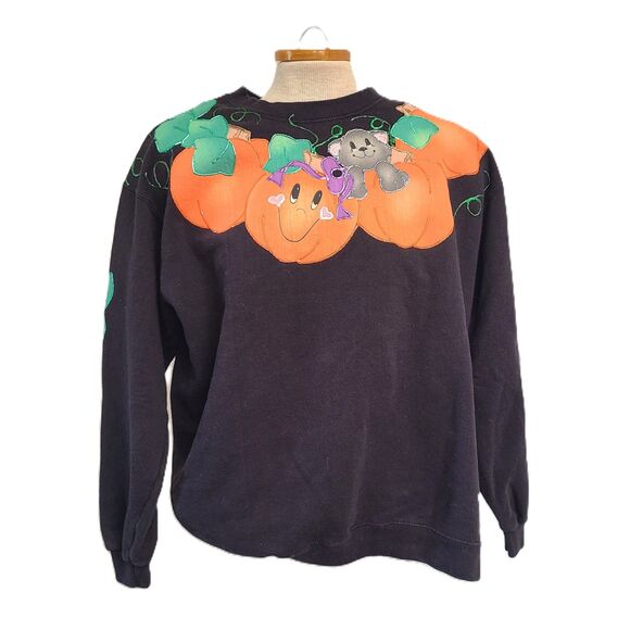Cheetah Sweaters - Vintage 90s Black Pumpkin Sweater MEDIUM Fall Autumn Halloween Harvest Retro M